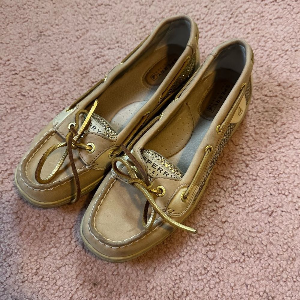 SPERRY TOP SIDERS Tan Leather & Gold Glitter Angelfish Boat SHOES, Women’s 7 M